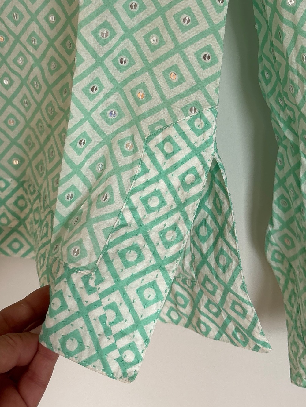Tory Burch Mint Sequinned Geometric V-Neck Cotton Blouse - Picture 7 of 12